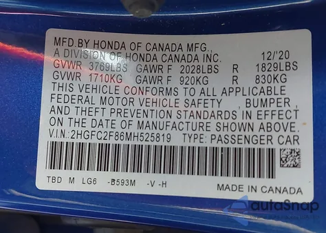 2021 Honda Civic Sport z USA, uszkodzony, nr VIN 2HGFC2F86MH525819